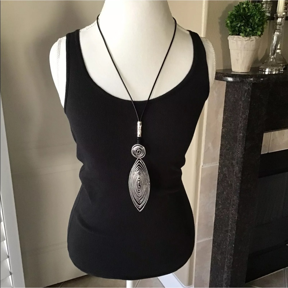 Tribal Shield Pendant Statement Necklace Silver Tone Wire 30” Black Wax Cord NEW - Picture 9 of 9